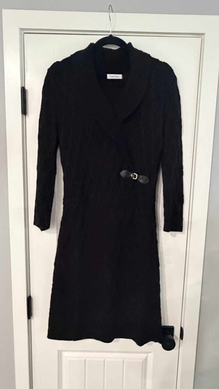 Calvin Klein Women’s Buckle Black Wrap Cable Knit Sweater Dress Size Large